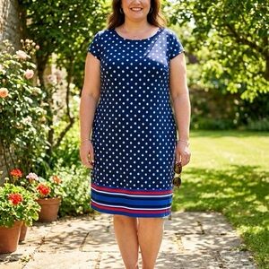 Liz Claiborne Career XL Blue Polka Dot Striped Border Sheath Dress Lined Stretch